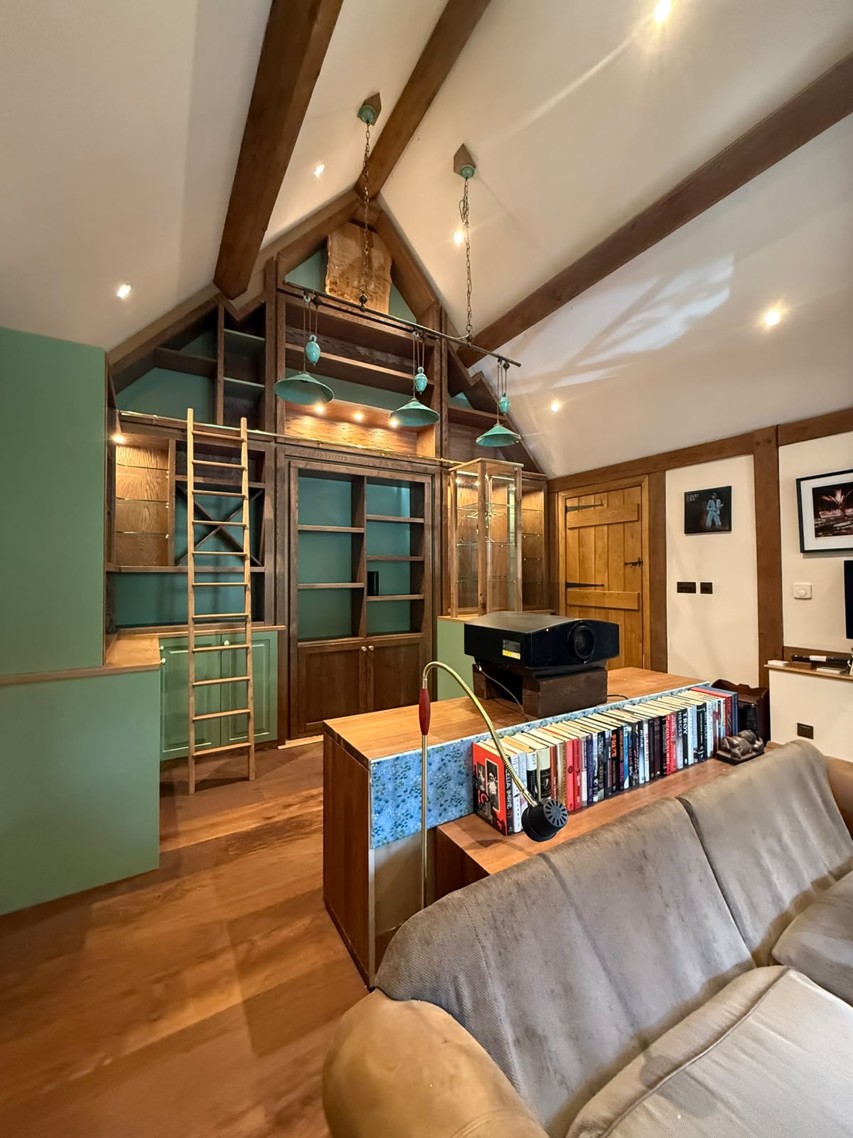 Vaulted library room with bespoke dark wood shelving, a rolling ladder and green accents